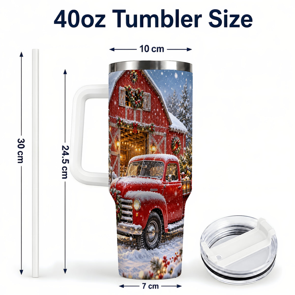 #pl[40oz|White] Christmas Red Truck 40oz Tumbler with Handle, Snowy Barn Travel Cup