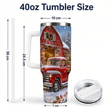 #pl[40oz|White] Christmas Red Truck 40oz Tumbler with Handle, Snowy Barn Travel Cup