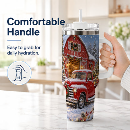 #pl[40oz|White] Christmas Red Truck 40oz Tumbler with Handle, Snowy Barn Travel Cup