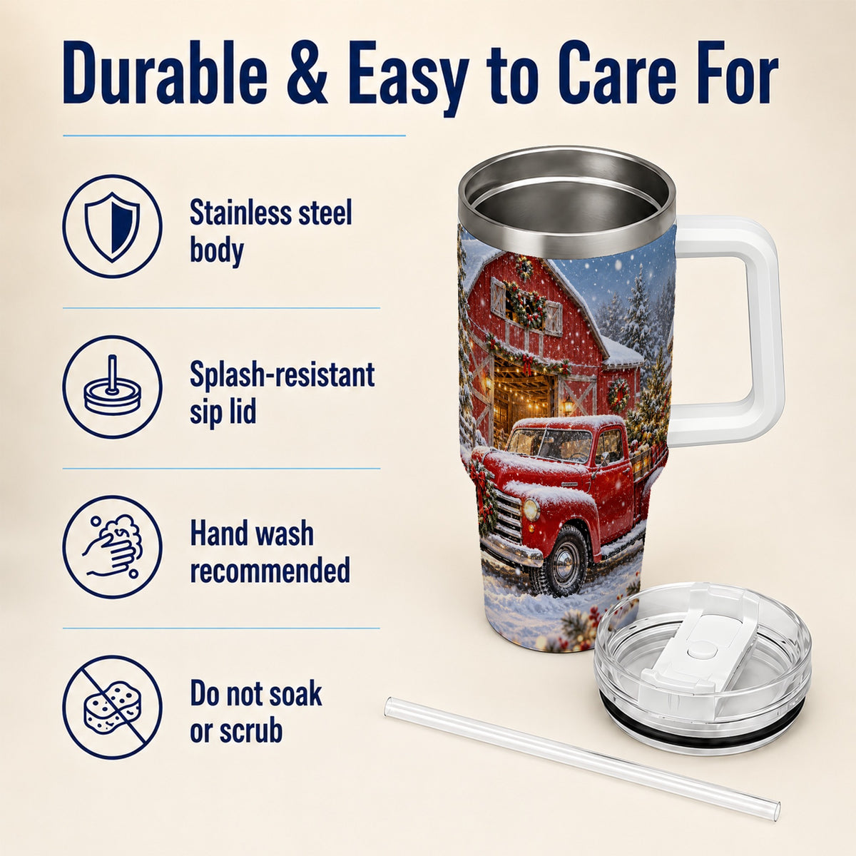 Christmas Red Truck 40oz Tumbler with Handle, Snowy Barn Travel Cup