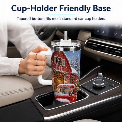 Christmas Red Truck 40oz Tumbler with Handle, Snowy Barn Travel Cup