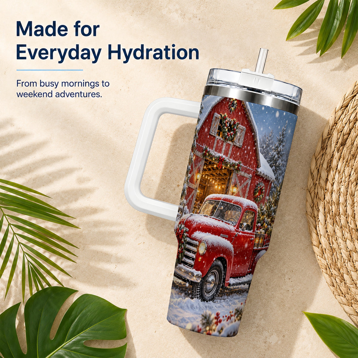 Christmas Red Truck 40oz Tumbler with Handle, Snowy Barn Travel Cup