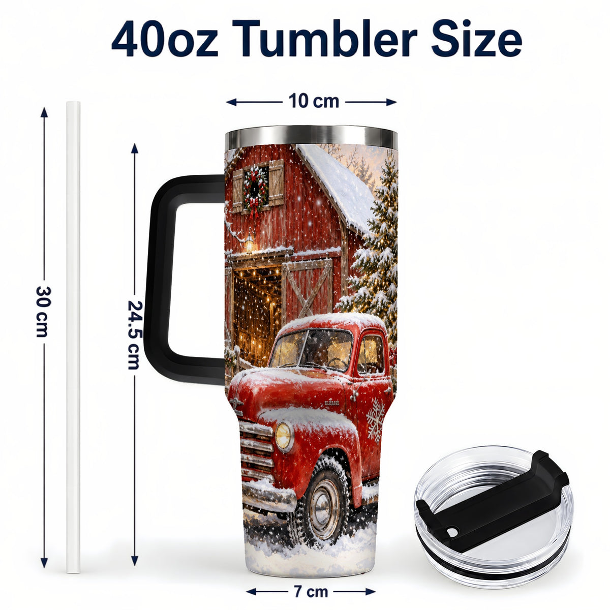 #pl[40oz|Black] Classic Red Truck 40oz Tumbler with Handle, Snowy Farmhouse Travel Cup