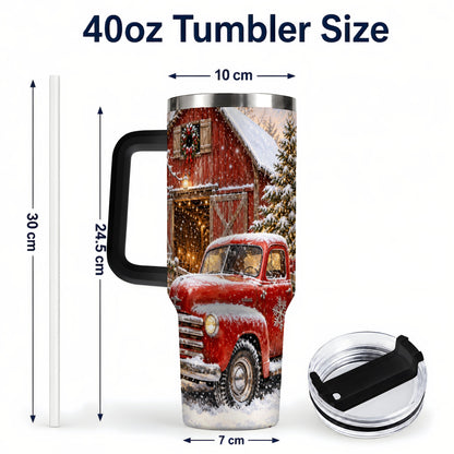 #pl[40oz|Black] Classic Red Truck 40oz Tumbler with Handle, Snowy Farmhouse Travel Cup