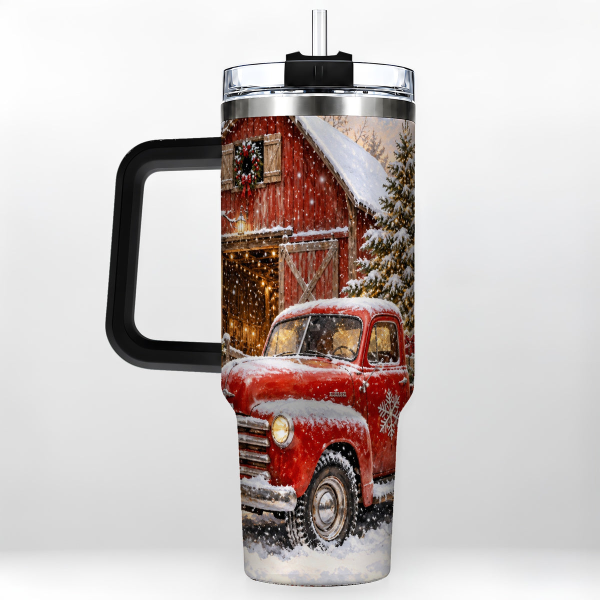 #pl[40oz|Black] Classic Red Truck 40oz Tumbler with Handle, Snowy Farmhouse Travel Cup