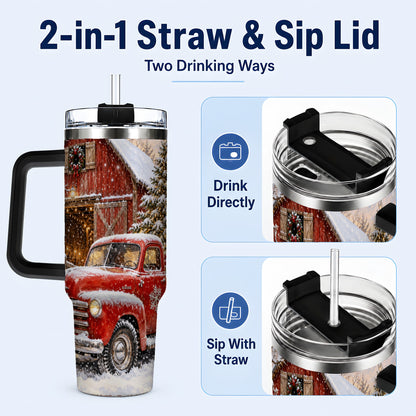 #pl[40oz|Black] Classic Red Truck 40oz Tumbler with Handle, Snowy Farmhouse Travel Cup