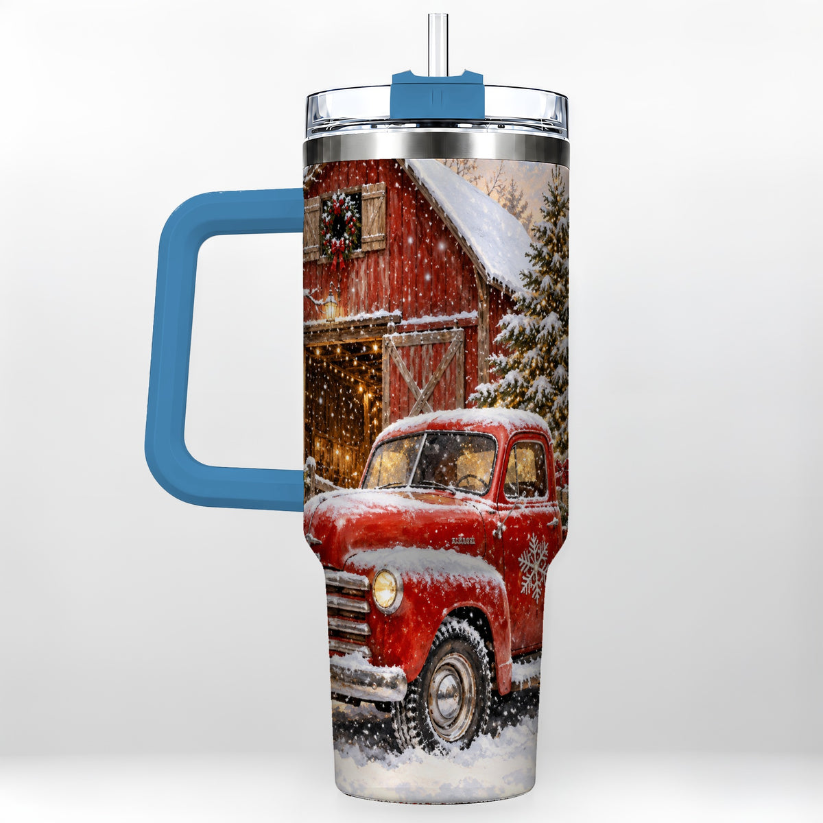 #pl[40oz|Blue] Classic Red Truck 40oz Tumbler with Handle, Snowy Farmhouse Travel Cup