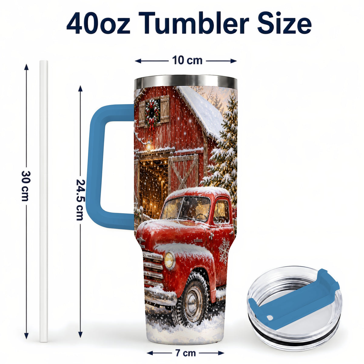 #pl[40oz|Blue] Classic Red Truck 40oz Tumbler with Handle, Snowy Farmhouse Travel Cup