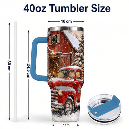 #pl[40oz|Blue] Classic Red Truck 40oz Tumbler with Handle, Snowy Farmhouse Travel Cup