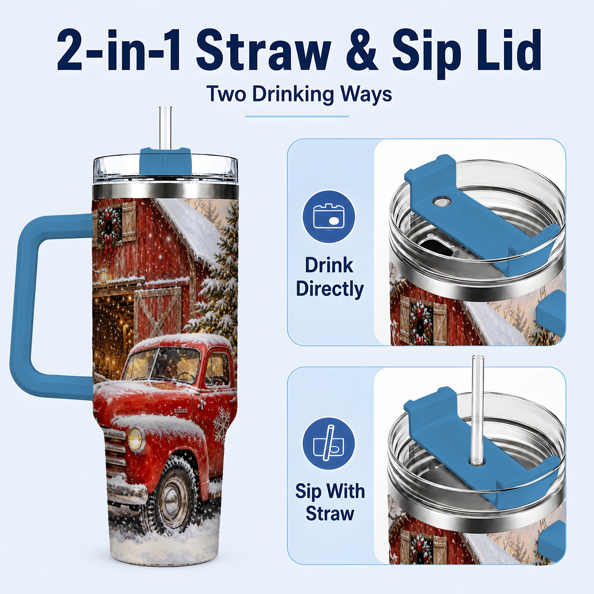#pl[40oz|Blue] Classic Red Truck 40oz Tumbler with Handle, Snowy Farmhouse Travel Cup