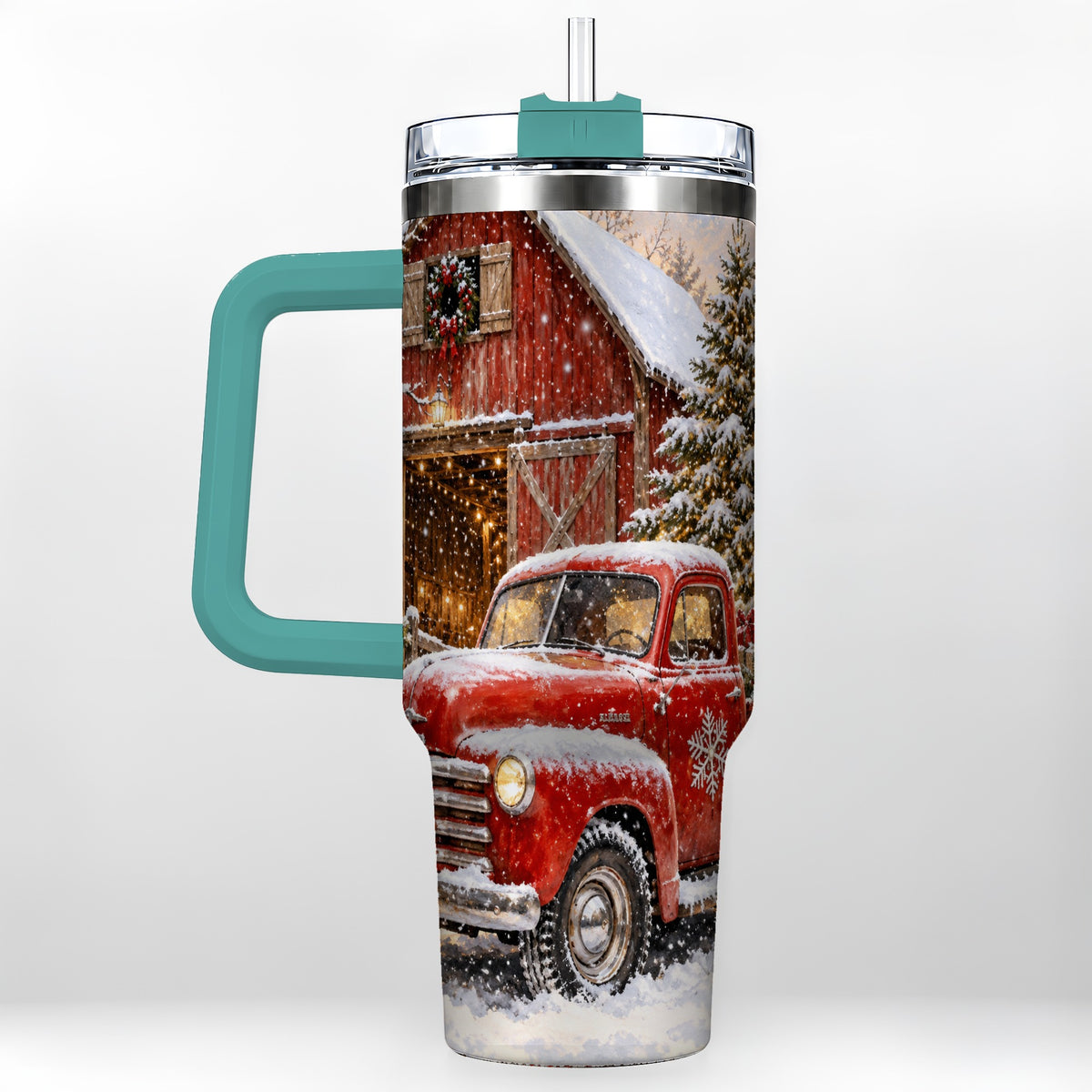 #pl[40oz|Green] Classic Red Truck 40oz Tumbler with Handle, Snowy Farmhouse Travel Cup