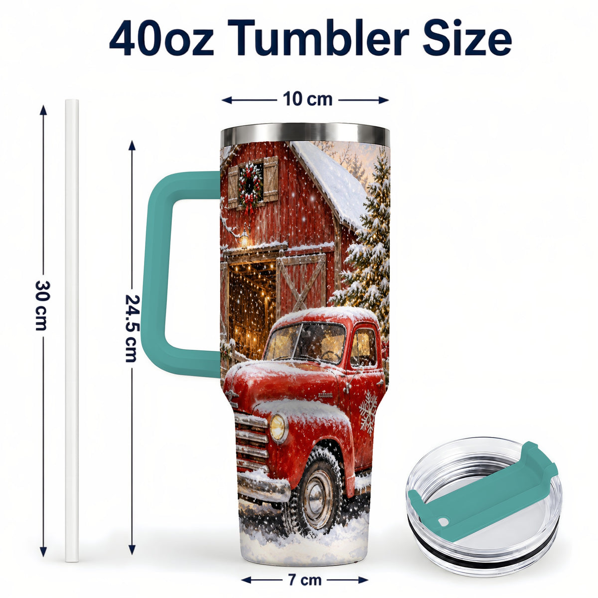 #pl[40oz|Green] Classic Red Truck 40oz Tumbler with Handle, Snowy Farmhouse Travel Cup