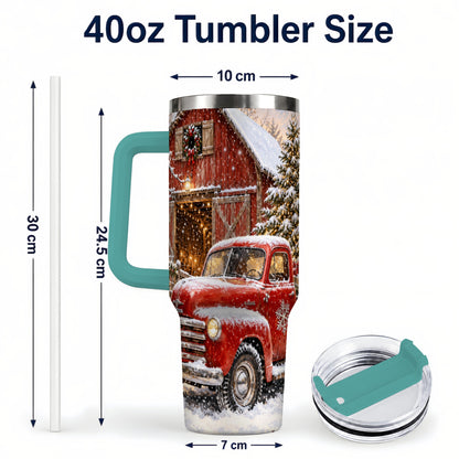 #pl[40oz|Green] Classic Red Truck 40oz Tumbler with Handle, Snowy Farmhouse Travel Cup