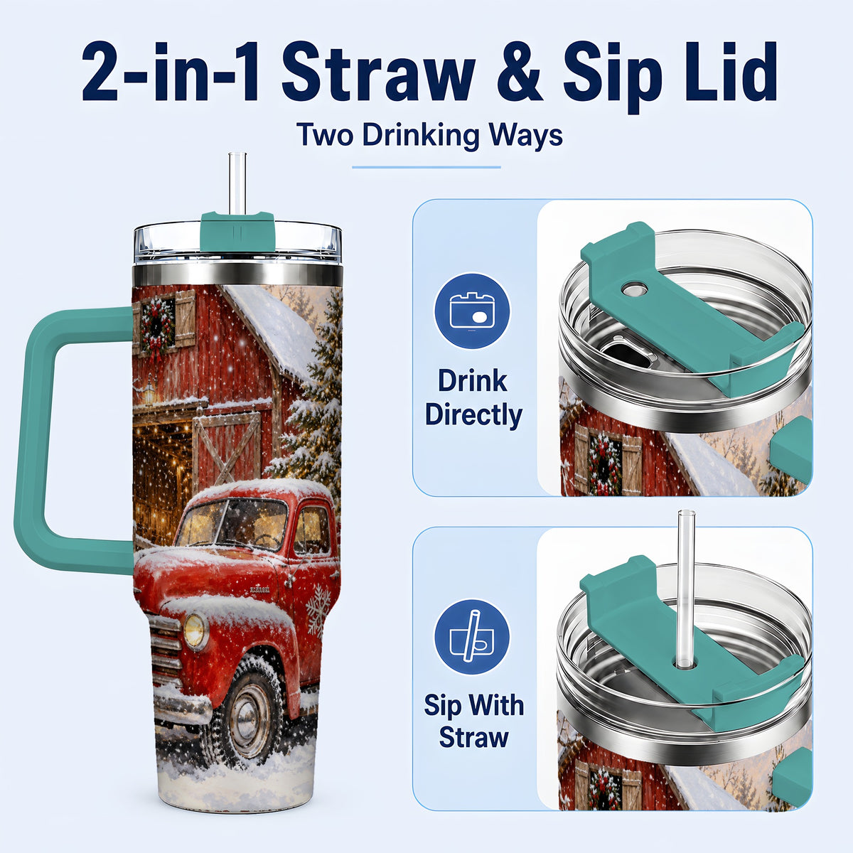 #pl[40oz|Green] Classic Red Truck 40oz Tumbler with Handle, Snowy Farmhouse Travel Cup
