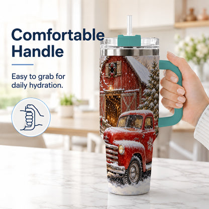 #pl[40oz|Green] Classic Red Truck 40oz Tumbler with Handle, Snowy Farmhouse Travel Cup