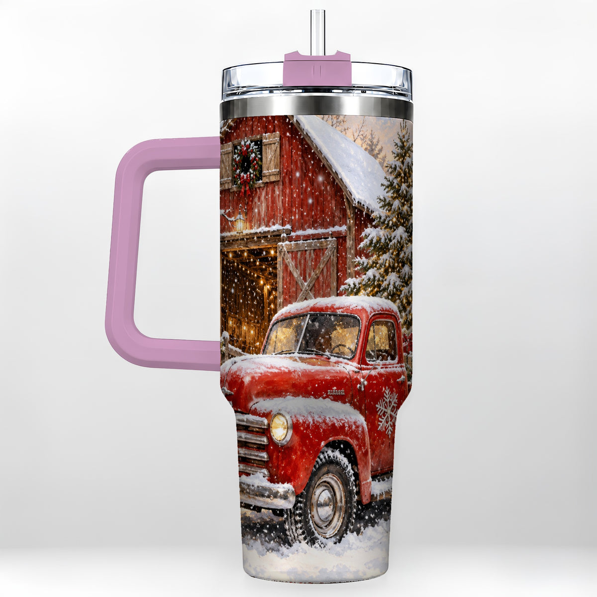#pl[40oz|Pink] Classic Red Truck 40oz Tumbler with Handle, Snowy Farmhouse Travel Cup