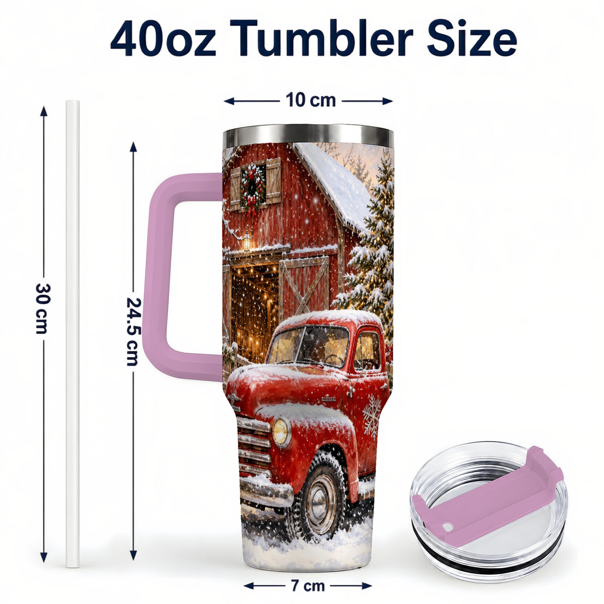 #pl[40oz|Pink] Classic Red Truck 40oz Tumbler with Handle, Snowy Farmhouse Travel Cup