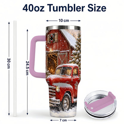 #pl[40oz|Pink] Classic Red Truck 40oz Tumbler with Handle, Snowy Farmhouse Travel Cup