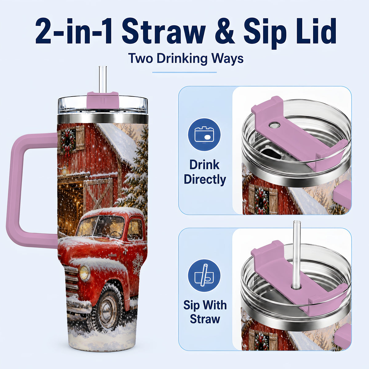 #pl[40oz|Pink] Classic Red Truck 40oz Tumbler with Handle, Snowy Farmhouse Travel Cup