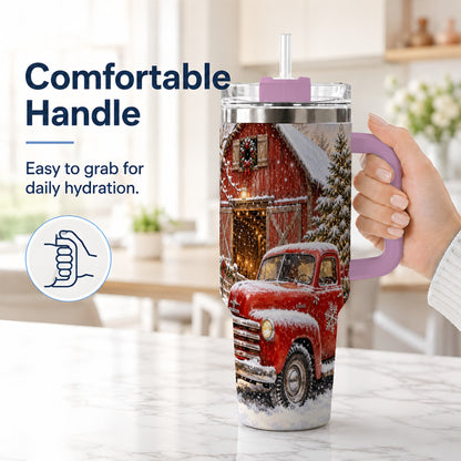 #pl[40oz|Pink] Classic Red Truck 40oz Tumbler with Handle, Snowy Farmhouse Travel Cup