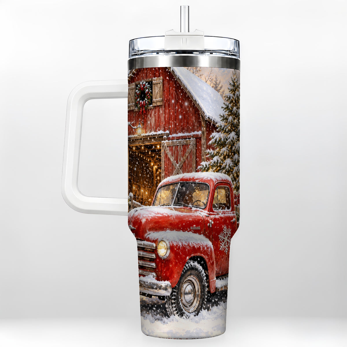 Classic Red Truck 40oz Tumbler with Handle, Snowy Farmhouse Travel Cup