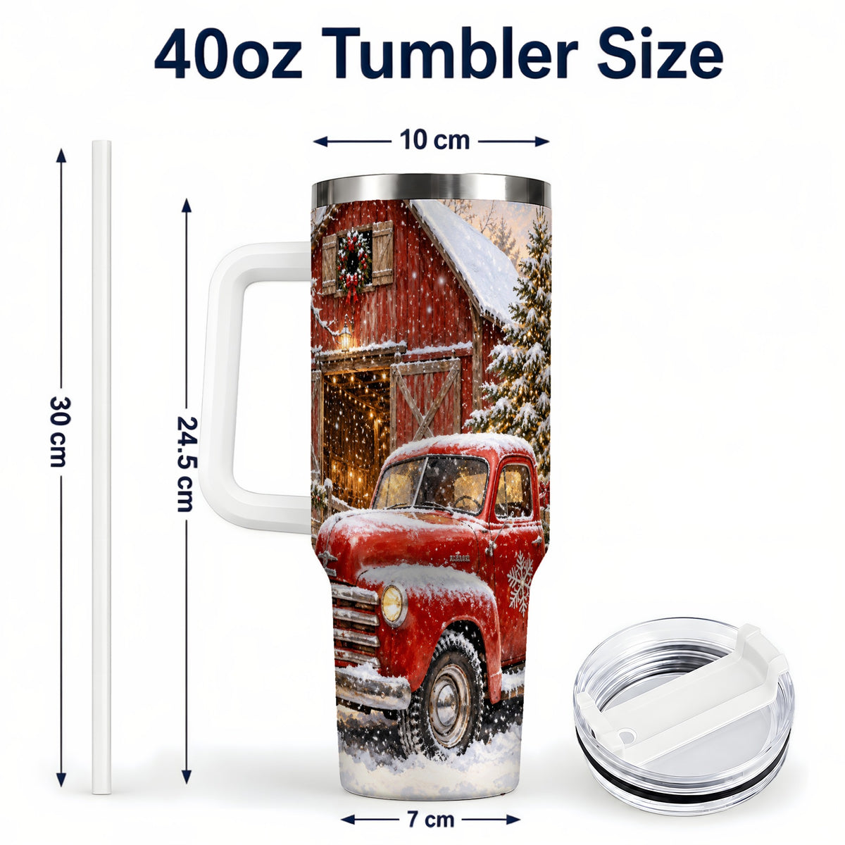 #pl[40oz|White] Classic Red Truck 40oz Tumbler with Handle, Snowy Farmhouse Travel Cup