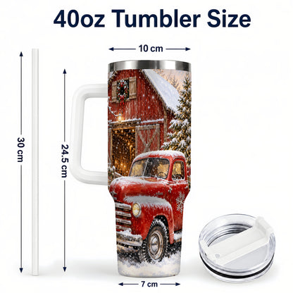 #pl[40oz|White] Classic Red Truck 40oz Tumbler with Handle, Snowy Farmhouse Travel Cup