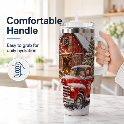 #pl[40oz|White] Classic Red Truck 40oz Tumbler with Handle, Snowy Farmhouse Travel Cup