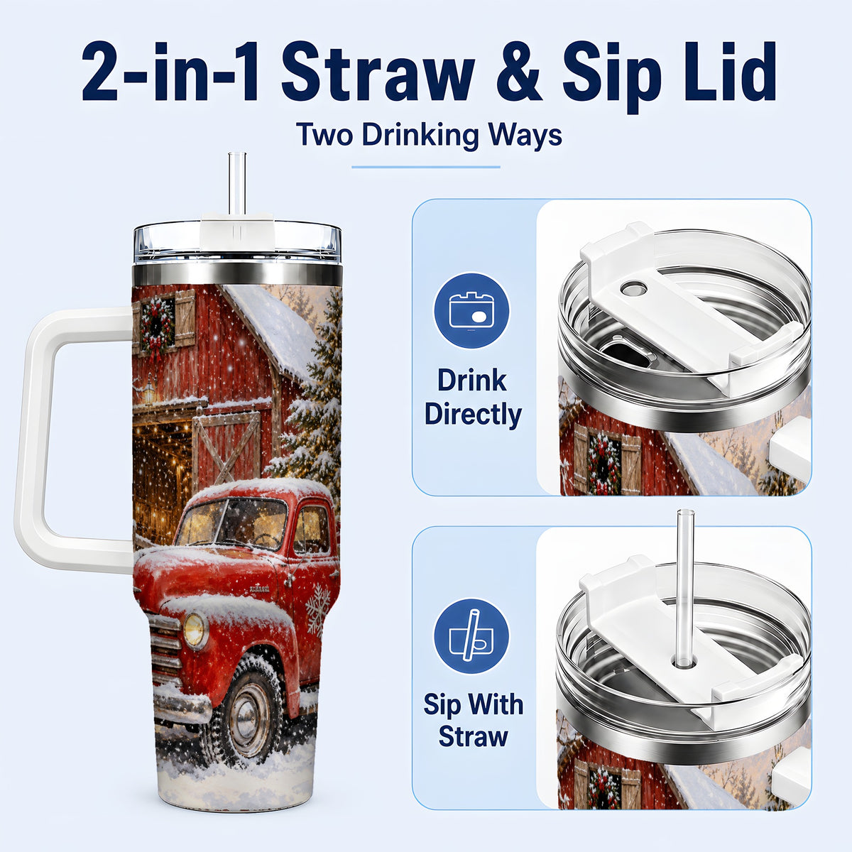 #pl[40oz|White] Classic Red Truck 40oz Tumbler with Handle, Snowy Farmhouse Travel Cup