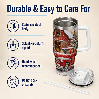 Classic Red Truck 40oz Tumbler with Handle, Snowy Farmhouse Travel Cup