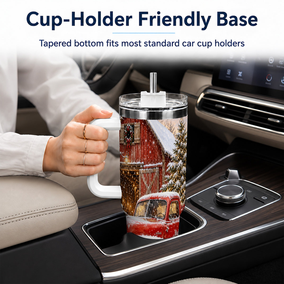 Classic Red Truck 40oz Tumbler with Handle, Snowy Farmhouse Travel Cup