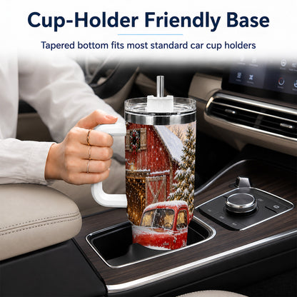 Classic Red Truck 40oz Tumbler with Handle, Snowy Farmhouse Travel Cup