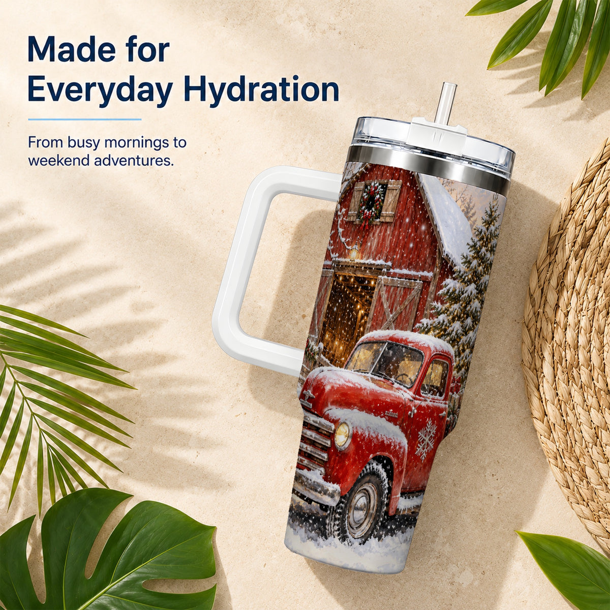 Classic Red Truck 40oz Tumbler with Handle, Snowy Farmhouse Travel Cup