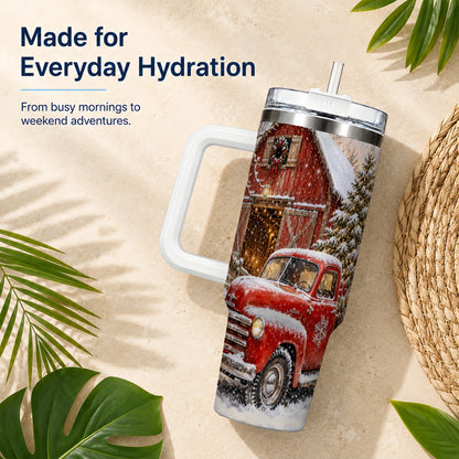 Classic Red Truck 40oz Tumbler with Handle, Snowy Farmhouse Travel Cup