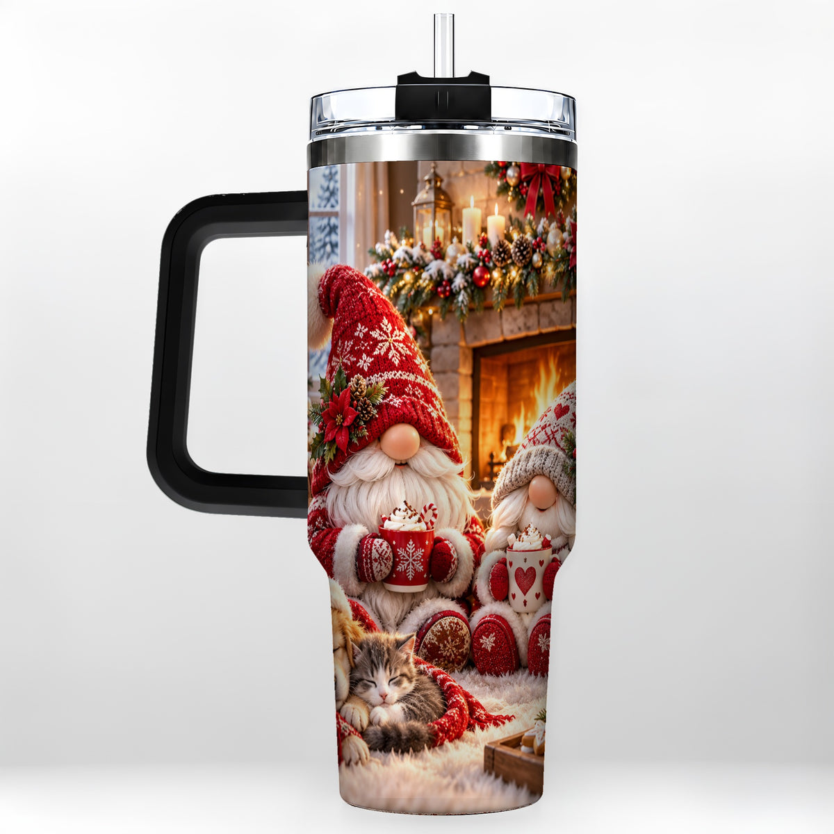 #pl[40oz|Black] Cozy Christmas Gnome 40oz Tumbler with Handle, Fireplace Travel Cup