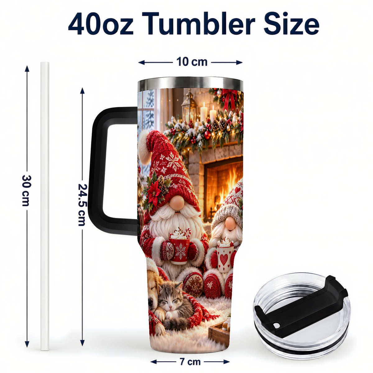 #pl[40oz|Black] Cozy Christmas Gnome 40oz Tumbler with Handle, Fireplace Travel Cup