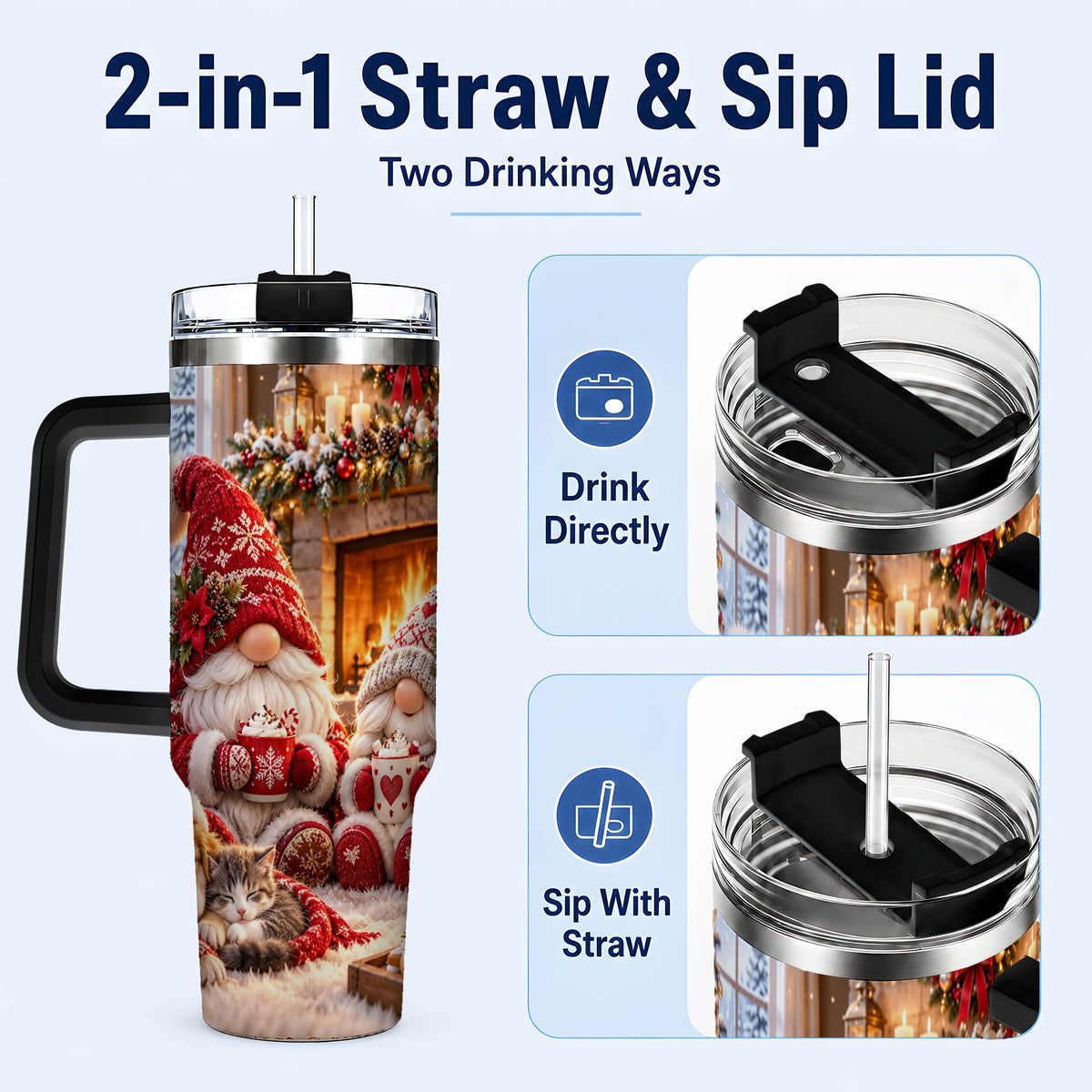 #pl[40oz|Black] Cozy Christmas Gnome 40oz Tumbler with Handle, Fireplace Travel Cup
