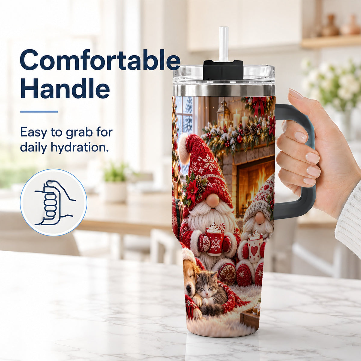 #pl[40oz|Black] Cozy Christmas Gnome 40oz Tumbler with Handle, Fireplace Travel Cup