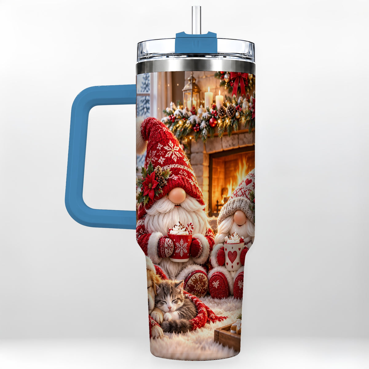 #pl[40oz|Blue] Cozy Christmas Gnome 40oz Tumbler with Handle, Fireplace Travel Cup