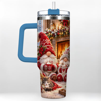 #pl[40oz|Blue] Cozy Christmas Gnome 40oz Tumbler with Handle, Fireplace Travel Cup
