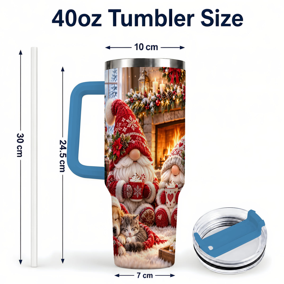#pl[40oz|Blue] Cozy Christmas Gnome 40oz Tumbler with Handle, Fireplace Travel Cup