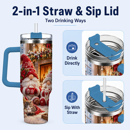#pl[40oz|Blue] Cozy Christmas Gnome 40oz Tumbler with Handle, Fireplace Travel Cup