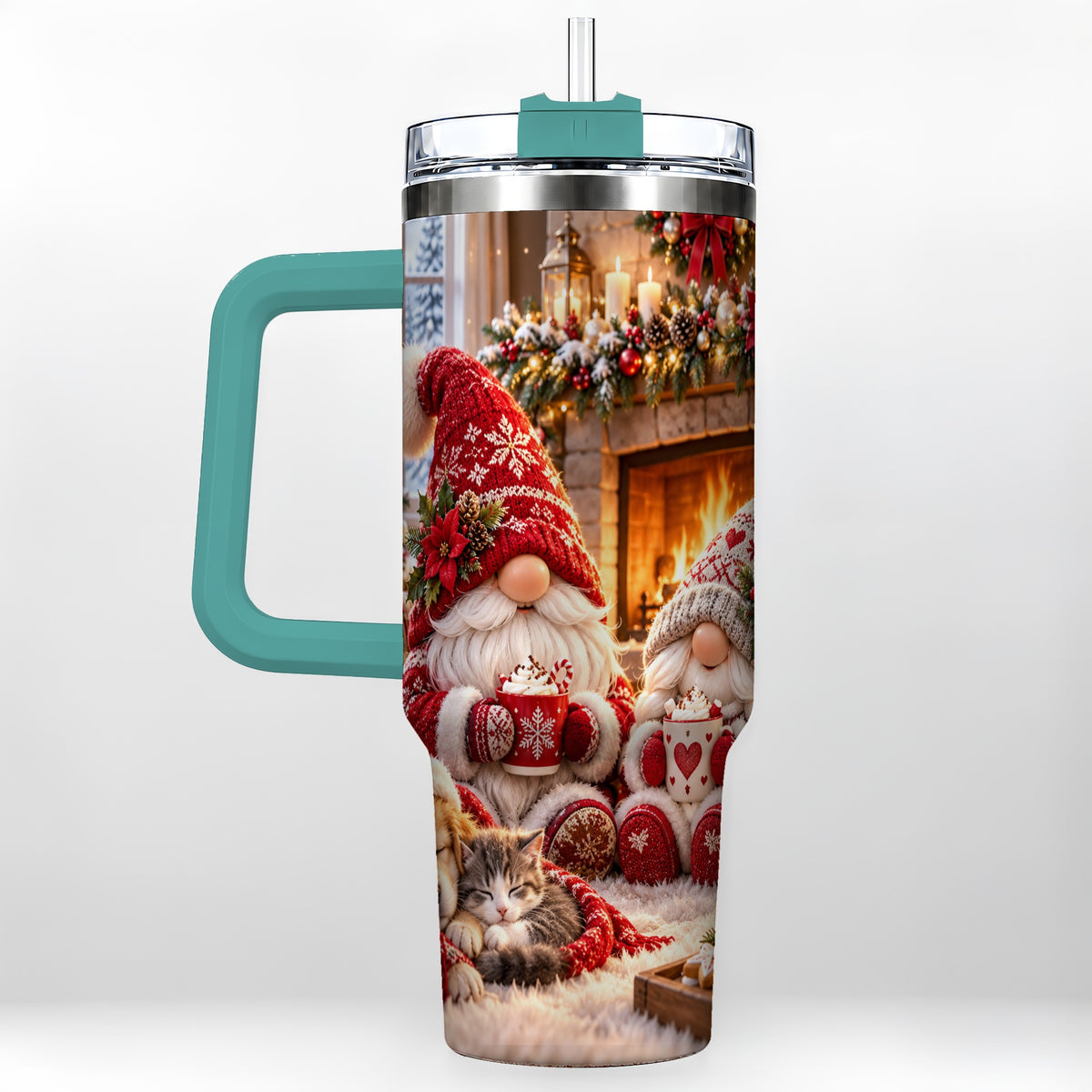 #pl[40oz|Green] Cozy Christmas Gnome 40oz Tumbler with Handle, Fireplace Travel Cup