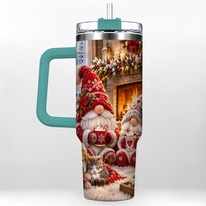 #pl[40oz|Green] Cozy Christmas Gnome 40oz Tumbler with Handle, Fireplace Travel Cup