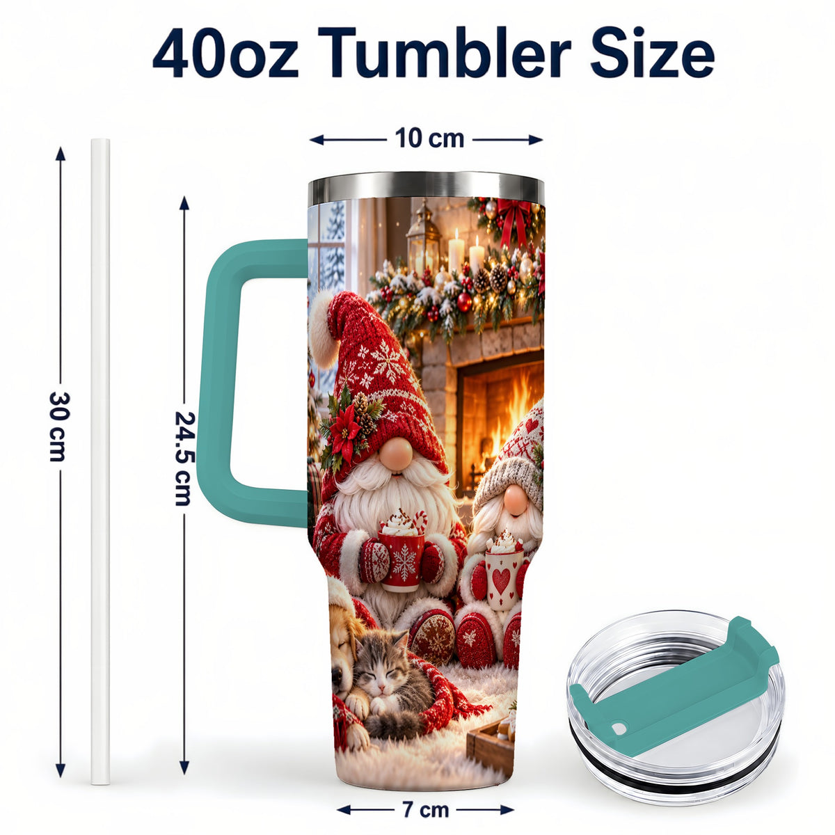 #pl[40oz|Green] Cozy Christmas Gnome 40oz Tumbler with Handle, Fireplace Travel Cup
