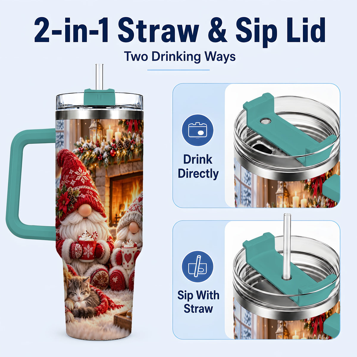 #pl[40oz|Green] Cozy Christmas Gnome 40oz Tumbler with Handle, Fireplace Travel Cup