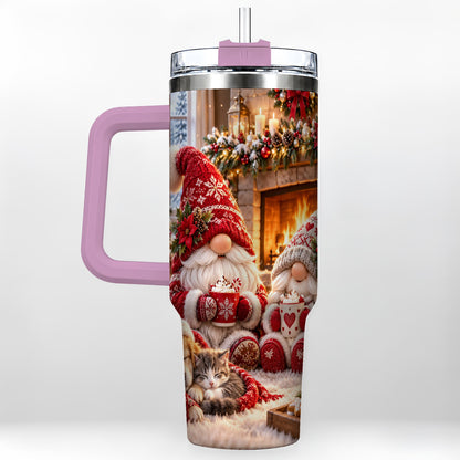#pl[40oz|Pink] Cozy Christmas Gnome 40oz Tumbler with Handle, Fireplace Travel Cup