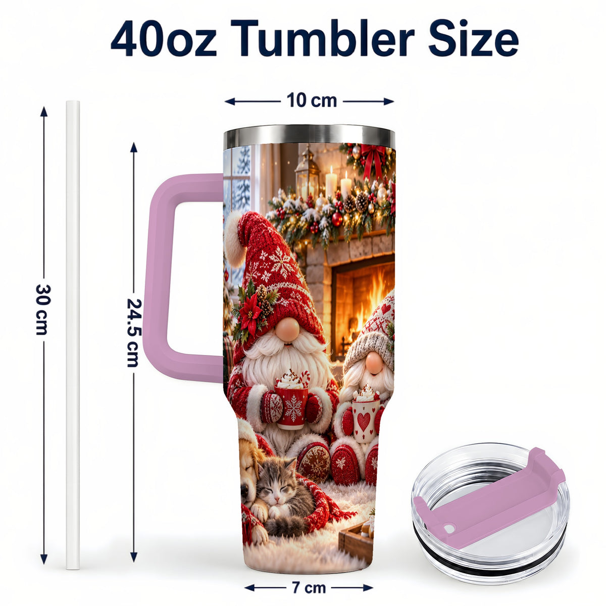 #pl[40oz|Pink] Cozy Christmas Gnome 40oz Tumbler with Handle, Fireplace Travel Cup