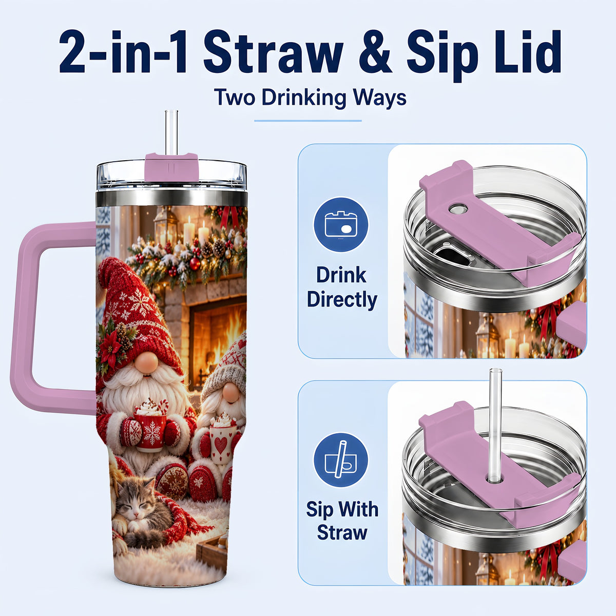 #pl[40oz|Pink] Cozy Christmas Gnome 40oz Tumbler with Handle, Fireplace Travel Cup