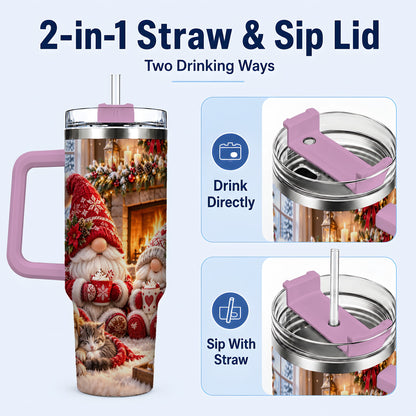 #pl[40oz|Pink] Cozy Christmas Gnome 40oz Tumbler with Handle, Fireplace Travel Cup